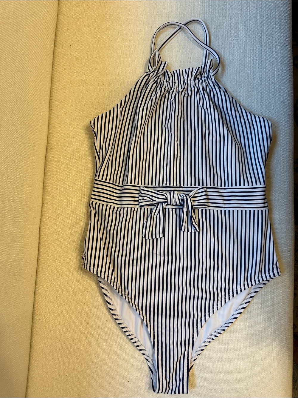 Habitual Navy and White Striped Halter Swimsuit